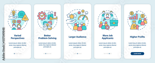 Workplace diversity advantages onboarding mobile app screen. Workforce walkthrough 5 steps editable graphic instructions with linear concepts. UI, UX, GUI template. Myriad Pro-Bold, Regular fonts used