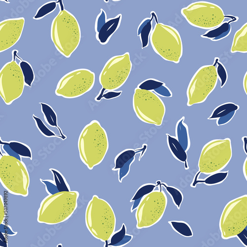 Seamless vector pattern with bright limes and dark blue leaves on a blue background. Green citrus fruits.