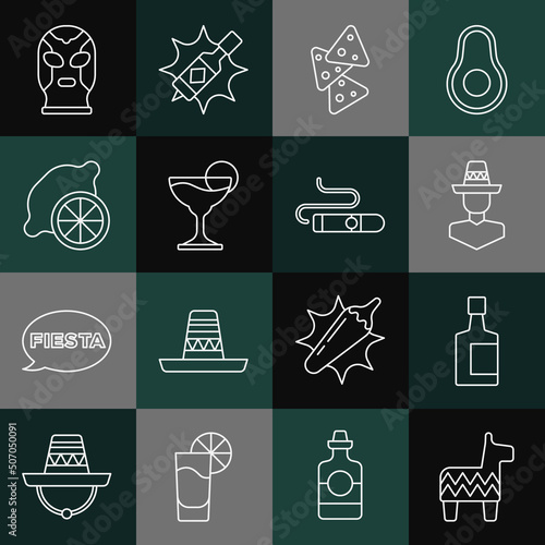Set line Pinata, Tequila bottle, Mexican man sombrero, Nachos, Margarita cocktail, Lemon, wrestler and Cigar icon. Vector