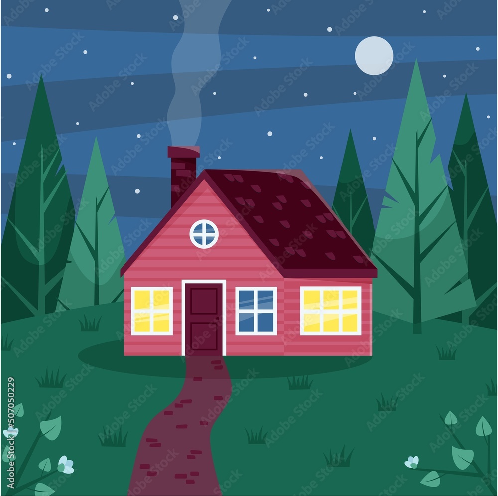 Fototapeta premium A wooden house among the fir trees. Summer evening.