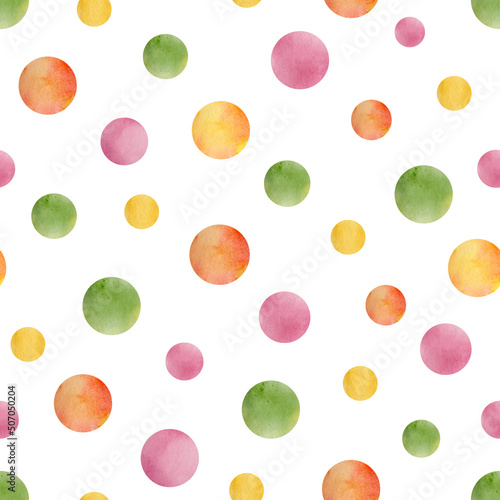 Watercolor colorful dots seamless pattern. Red, green, yellow, pink polka dot repeated tile isolated on white background. Bright merry confetti spot ornament. Round paint shapes drawing