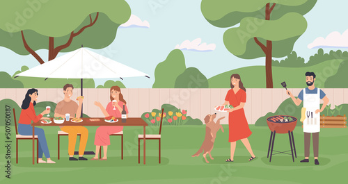 Friends enjoying party with barbecue on backyard