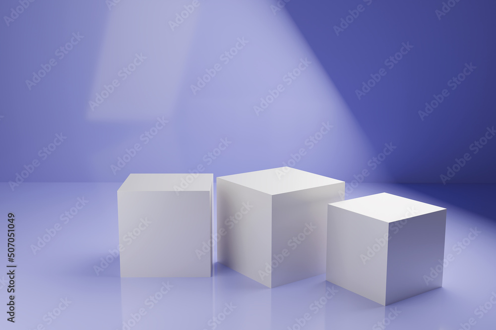 Three white square stands on very pery background. 3d render Three white square stands on very pery background. 3d render