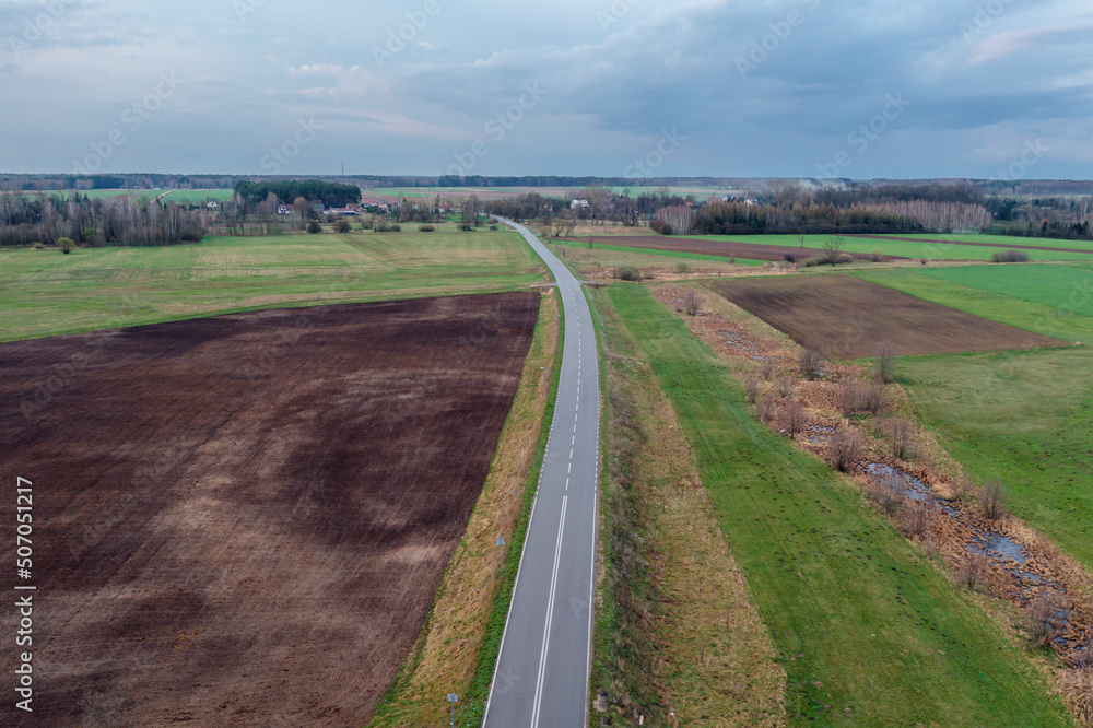 Drone photo of road in Wegrow County, Masovia region of Poland