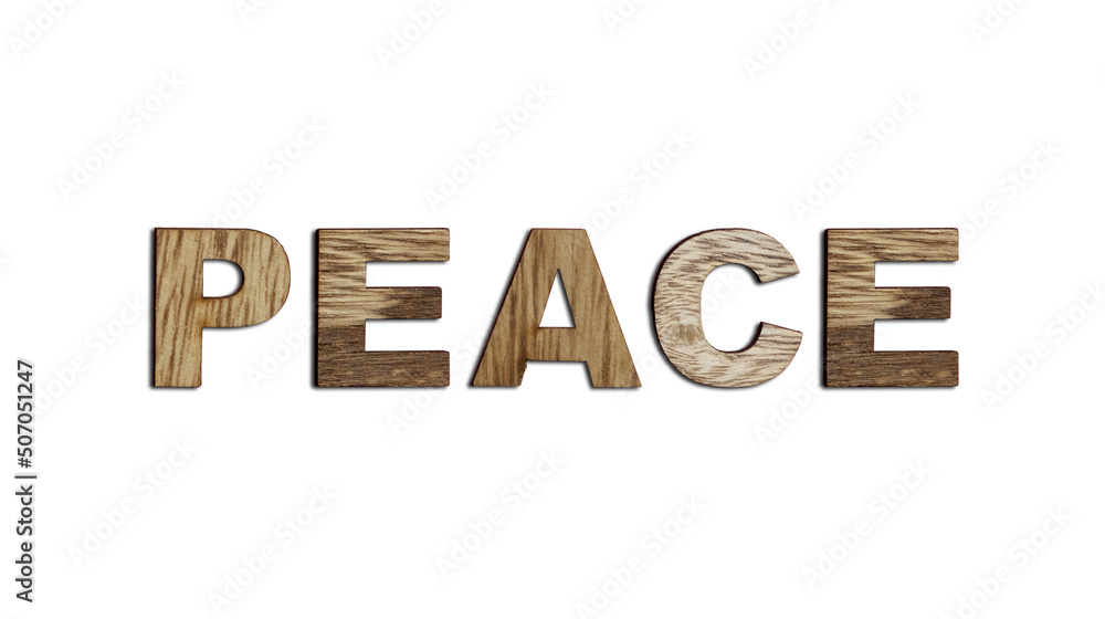 Peace, word written in wooden alphabet letters isolated. The concept of a terrible war destroying country Peace, word written in wooden alphabet letters isolated. The concept of a terrible war destroying country