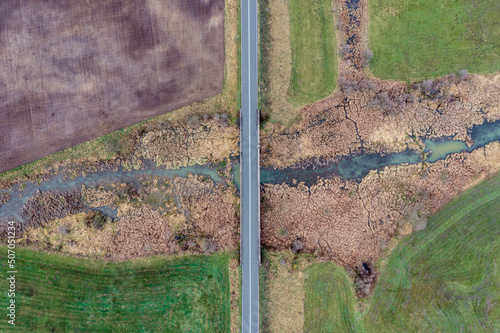 High angle drone photo of road in Wegrow County, Masovia region of Poland photo