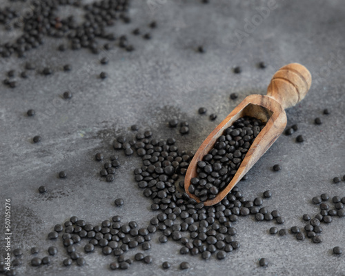 Wooden Scoop of dry black lentils beans on grey wooden table close up
