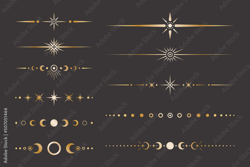 Fototapeta premium Vector celestial golden border set with stars, moon phases, crescents and dots. Collection of ornate shiny magical isolated clipart for mystic decoration
