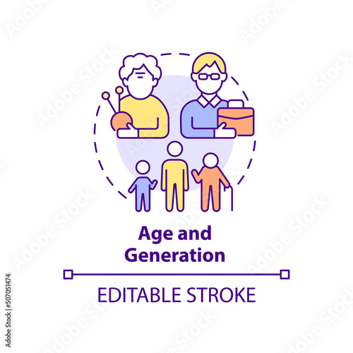Age and generation concept icon. Type of diversity abstract idea thin line illustration. Older and younger workers. Isolated outline drawing. Editable stroke. Arial, Myriad Pro-Bold fonts used