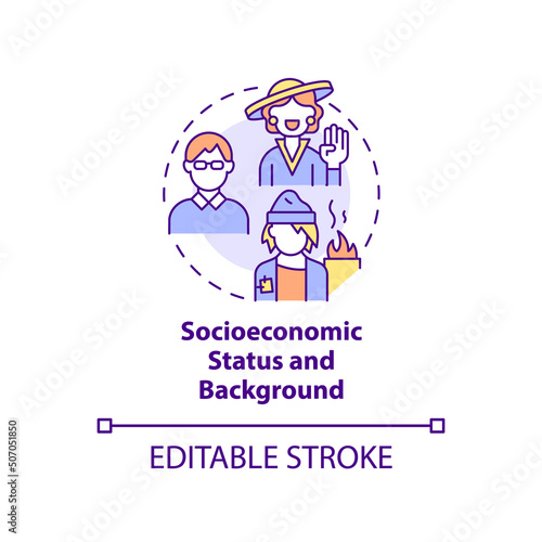 Socioeconomic status and background concept icon. Type of diversity abstract idea thin line illustration. Social standing. Isolated outline drawing. Editable stroke. Arial, Myriad Pro-Bold fonts used