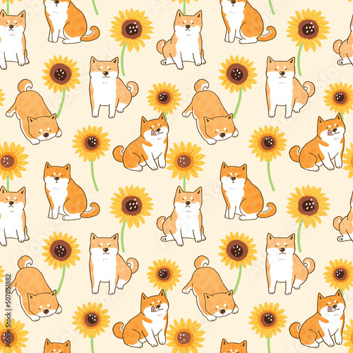 Seamless Pattern with Cartoon Shiba Inu Dog and Sunflower Design on Light Yellow Background