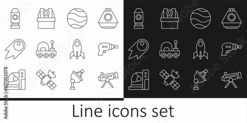 Set line Telescope, Ray gun, Planet, Mars rover, Comet falling down fast, Rocket ship, and Astronomical observatory icon. Vector