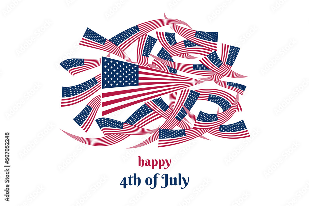 Fototapeta premium Group of waving American Flag isolated on white. 4th of July Independence Day concept. Flat vector illustration