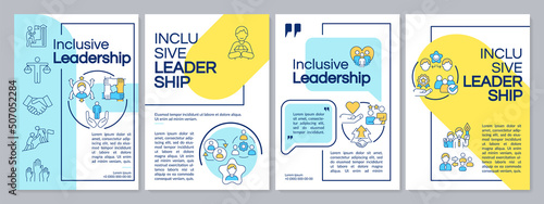 Inclusive leadership blue and yellow brochure template. Team work. Leaflet design with linear icons. Editable 4 vector layouts for presentation, annual reports. Questrial, Lato-Regular fonts used