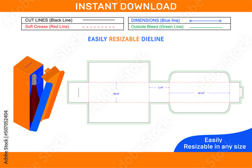 Wine Bottle box die cut template and 3D packaging box