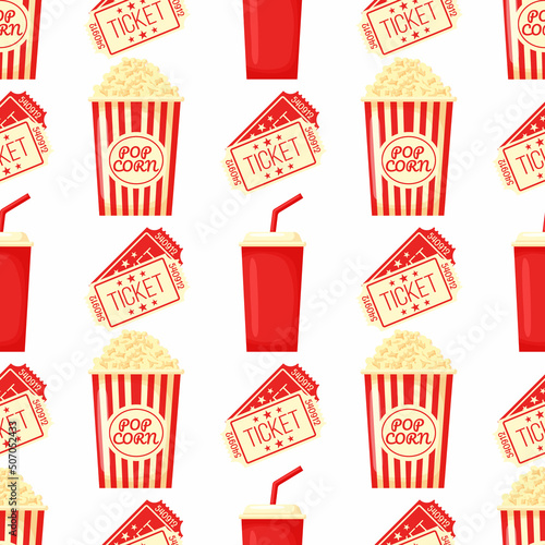 Cinema fast food vector seamless pattern background with popcorn, soft drinks and movie tickets.