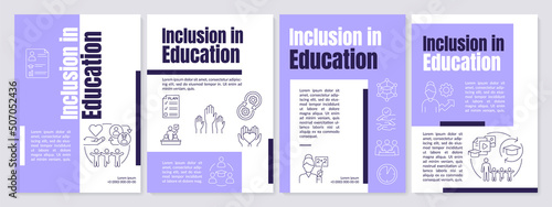Inclusion in education purple brochure template. Students diversity. Leaflet design with linear icons. Editable 4 vector layouts for presentation, annual reports. Anton, Lato-Regular fonts used