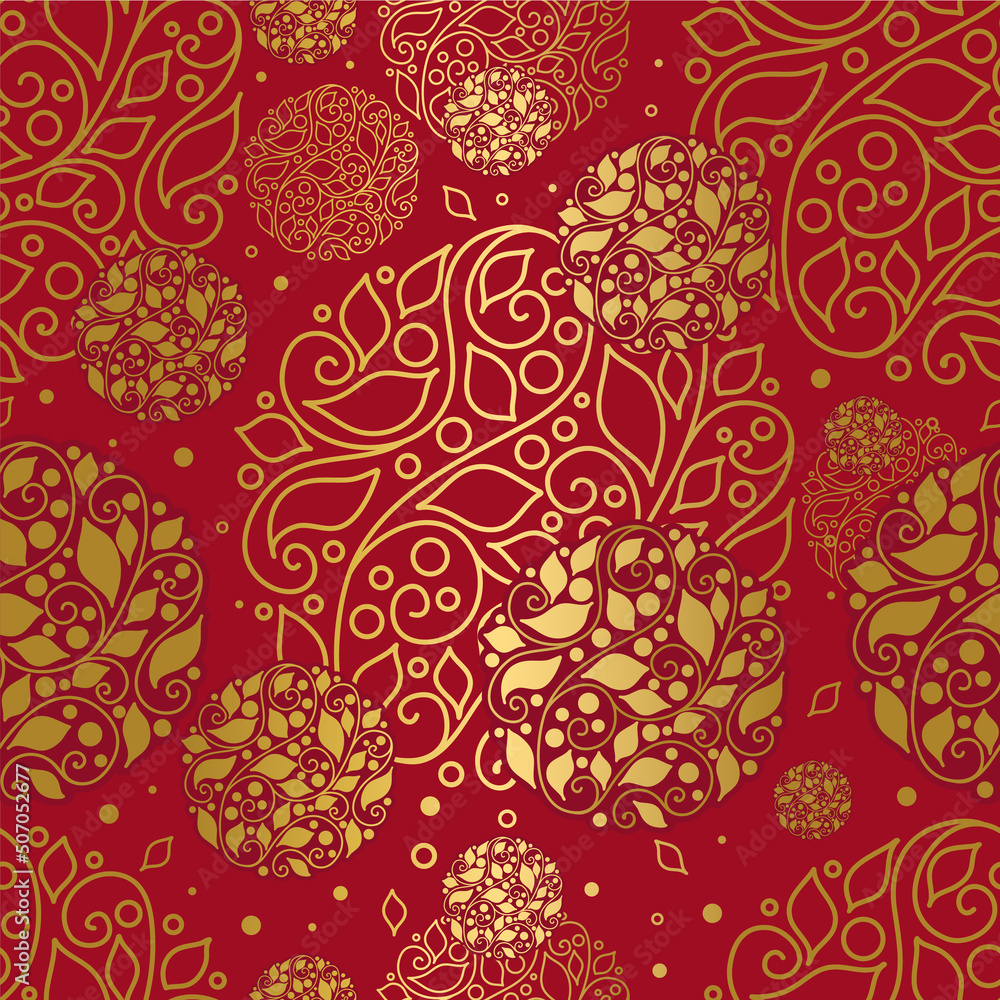 Red and gold leaves seamless pattern. Abstract vector ornament template. Paisley elements. Great for fabric, invitation, background, wallpaper, decoration, packaging or any desired idea. Red and gold leaves seamless pattern. Abstract vector ornament template. Paisley elements. Great for fabric, invitation, background, wallpaper, decoration, packaging or any desired idea.