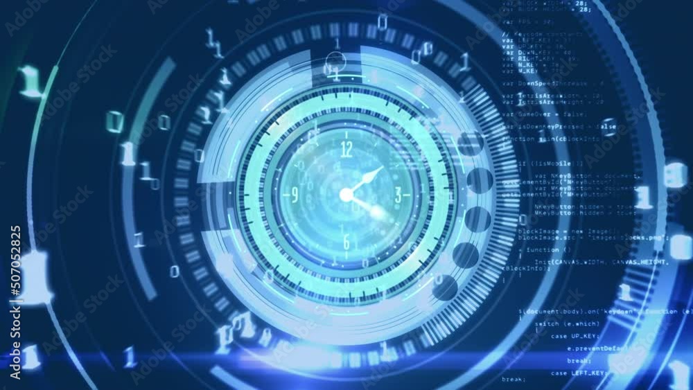 Animation of clock and data processing over dark background Animation of clock and data processing over dark background