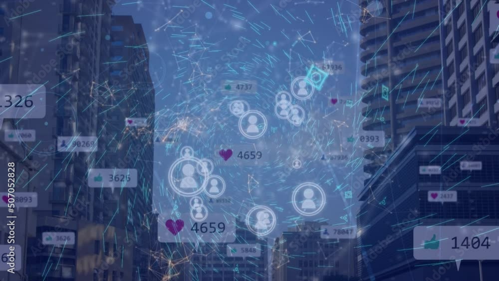 Animation of network of connections with icons over cityscape Animation of network of connections with icons over cityscape