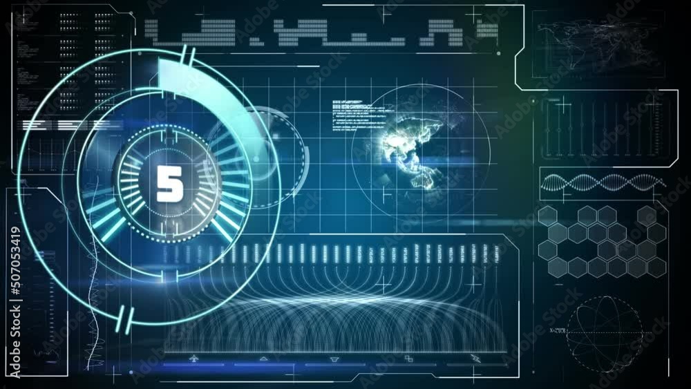 Animation of scope scanning with countdown over data processing on screen Animation of scope scanning with countdown over data processing on screen