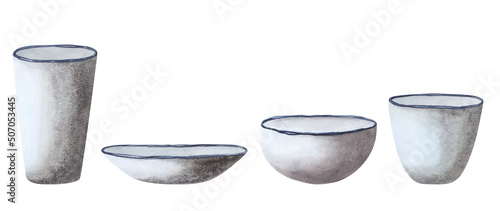 Obraz na plátne Grey ceramic pot, bowl, plate, cup isolated on white background