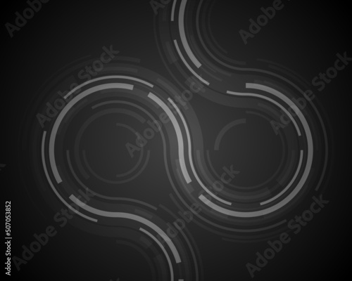 Black curved stripes microcircuit chip cyberspace digital structure abstract background template vector illustration. Dark monochrome wavy lines geometric technology infrastructure engineering network