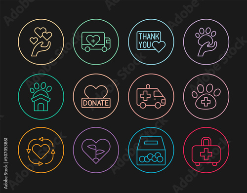 Set line First aid kit, Veterinary clinic, Thank you with heart, Donation and charity, Animal shelter house, Heart hand, Ambulance car and Humanitarian truck icon. Vector