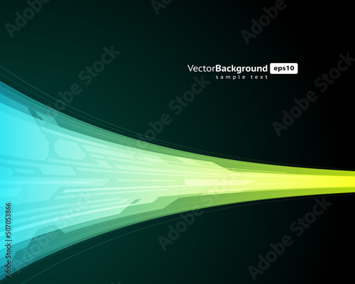 Green gradient dynamic digital flow wavy technology structure cyberspace fusion background template vector illustration. Hi tech digital innovation illuminated transition geometric particle connect