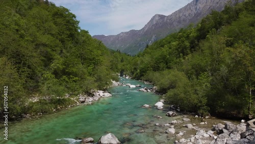 emmerald river soca in slovenian alps 4k aerial view - fresh water concept	 photo