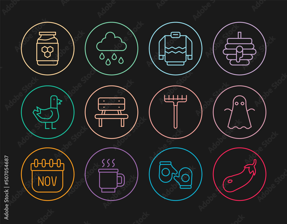 Set line Eggplant, Ghost, Sweater, Bench, Dove, Jar of honey, Garden rake and Cloud with rain icon. Vector Set line Eggplant, Ghost, Sweater, Bench, Dove, Jar of honey, Garden rake and Cloud with rain icon. Vector
