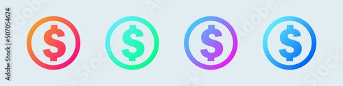 Dollar bill icon set in circle gradient colors. American currency vector icon.