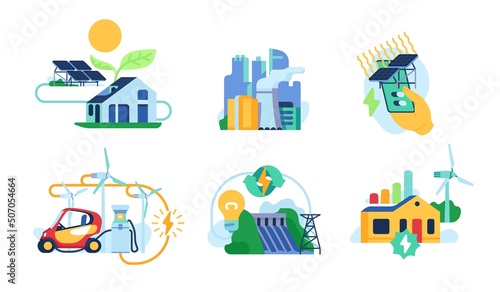 Alternative energy types. Different power sources. Solar, water and wind energy. Electricity production. Electric generation factory. Eco technology. Vector renewable resources set