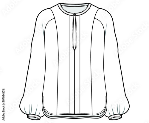 women keyhole neck gathered sleeve blouse flat sketch vector illustration. cad mockup.