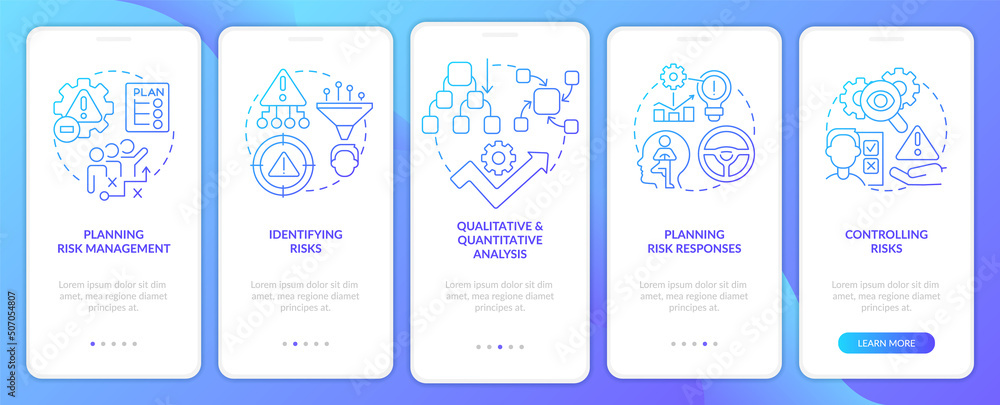 Risk management process blue gradient onboarding mobile app screen. Walkthrough 5 steps graphic instructions pages with linear concepts. UI, UX, GUI template. Myriad Pro-Bold, Regular fonts used