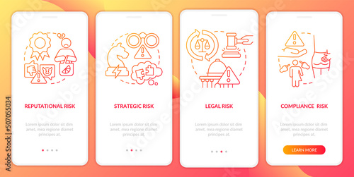 Risk categorizations red gradient onboarding mobile app screen. Potential walkthrough 4 steps graphic instructions pages with linear concepts. UI, UX, GUI template. Myriad Pro-Bold, Regular fonts used