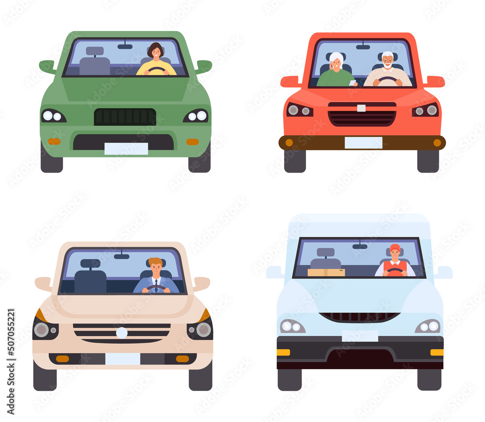 People in cars front view, collection of vehicles