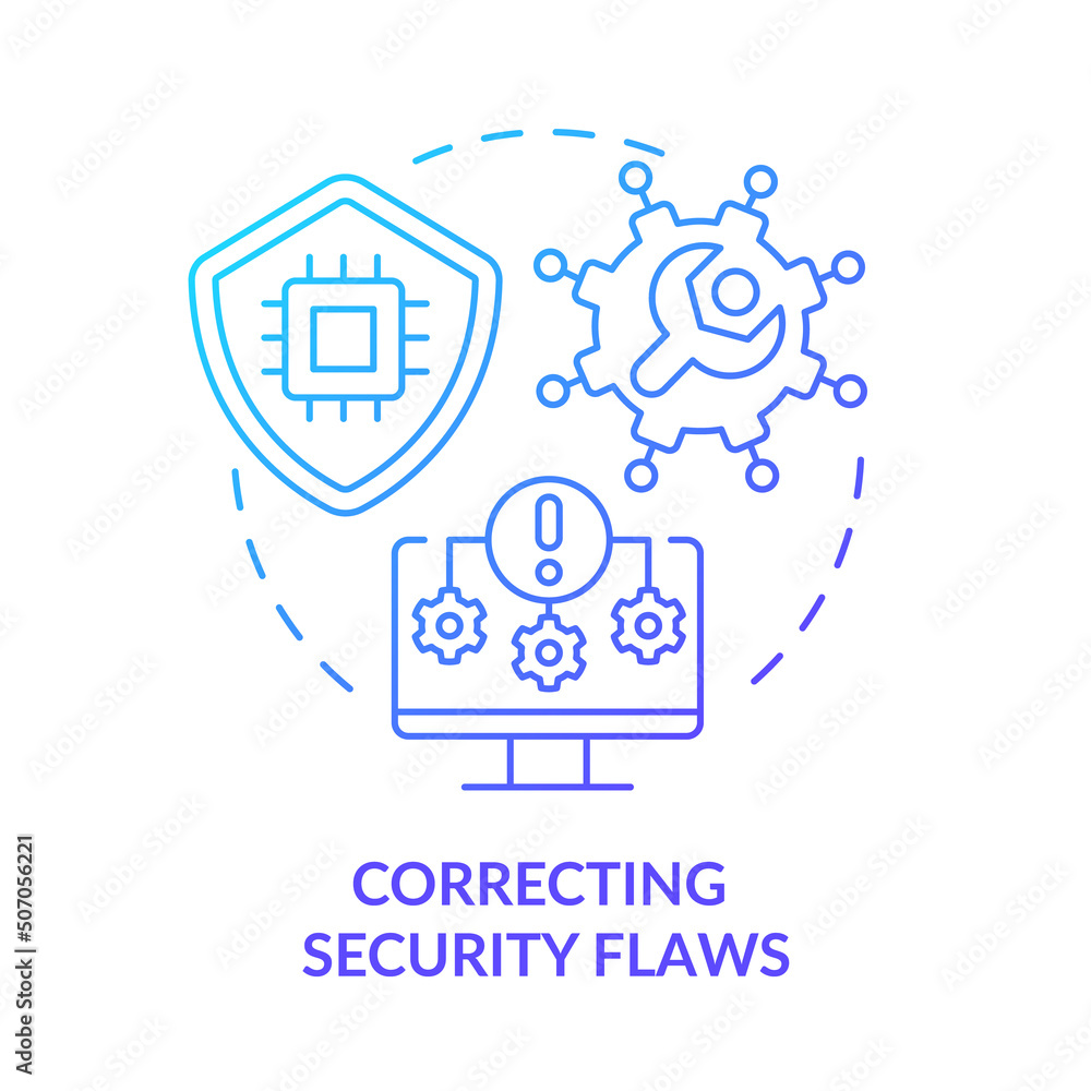 Correcting security flaws blue gradient concept icon. Cybersecurity risk management abstract idea thin line illustration. Fix breaches. Isolated outline drawing. Myriad Pro-Bold font used Correcting security flaws blue gradient concept icon. Cybersecurity risk management abstract idea thin line illustration. Fix breaches. Isolated outline drawing. Myriad Pro-Bold font used