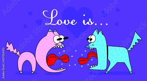 Screaming cat and dog in vector. Cartoon illustration. Love is.