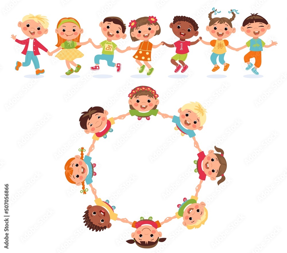 Kids roundelay top view. Boys and girls holding hands. Babies dancing in circle and chain. Children have fun. Active games. Multicultural communication. Friends cooperation. Vector concept Kids roundelay top view. Boys and girls holding hands. Babies dancing in circle and chain. Children have fun. Active games. Multicultural communication. Friends cooperation. Vector concept