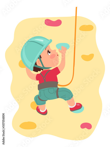 Kids climbing. Children sport activity. Teenagers clambering artificial rocks. Boy cling to ledges. Extreme hobby. Walls with colored projections. Mountaineering training. Vector alpinist