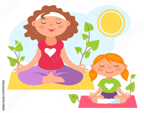 Mother and daughter meditate together. Yoga exercise outdoor