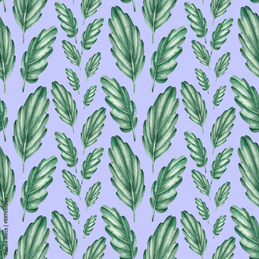 Watercolor pattern with green leaves on a blue background Watercolor pattern with green leaves on a blue background