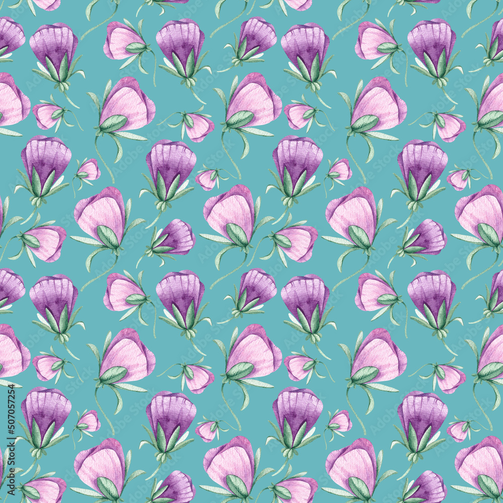 Watercolor pattern with purple flowers on a turquoise background Watercolor pattern with purple flowers on a turquoise background