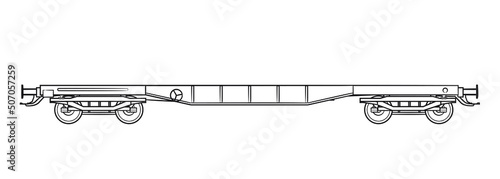 Railroad cargo flat wagon - outline vector stock illustration.
