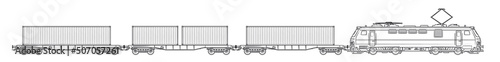 Modern cargo train with containers - outline vector stock illustration.