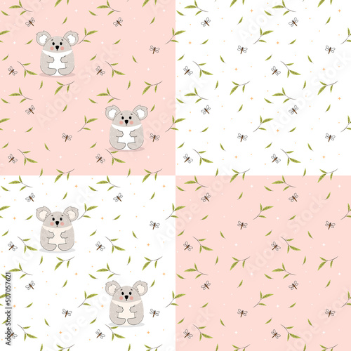 Photography Seamless pattern with cute koalas on pink background, set with wild animals, vec