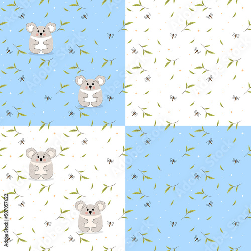 Photography Seamless pattern with cute koalas on a blue background, set with wild animals, v