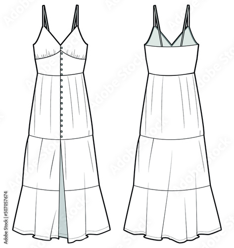front button tiered strap maxi dress, strap maxi tiered dress, empire line strap dress Front and Back View. Fashion Illustration, Vector, CAD, Technical Drawing, Flat Drawing.	