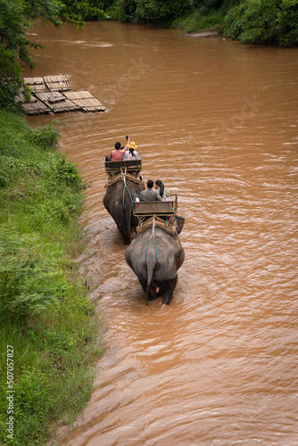 Mahout riding with Tourists on elephants walking across the river trekking wild adventures in the natural forest at Mae Taeng Elephant Camp, Chiang Mai, Thailand. photo